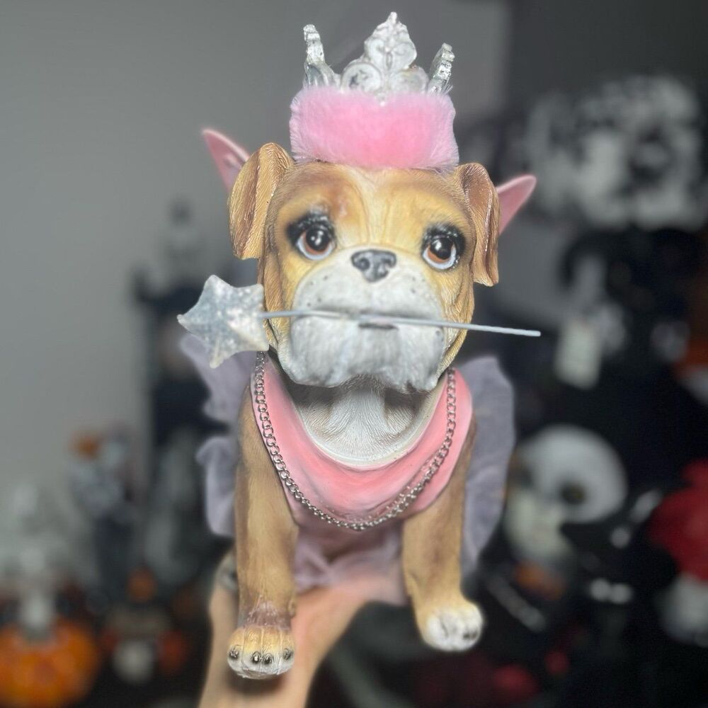 Halloween Bulldog Princess Fairy in Tutu and Crown Costume Statue Figurine Decor